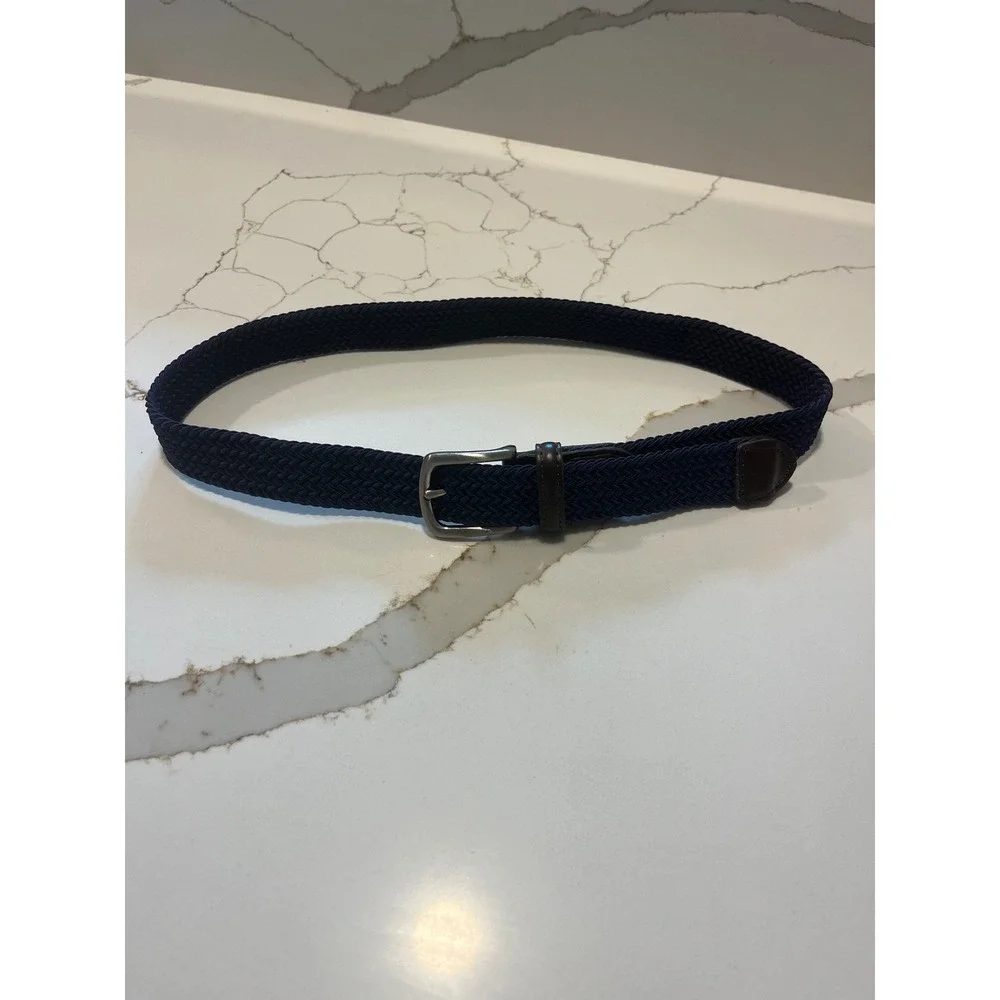 Jos A Bank Mens Navy Blue Braided Stretch Belt Brown Leather Trim Size L 30-32